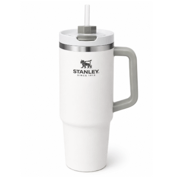 White stainless steel insulated tumbler with handle and straw for hot and cold drinks